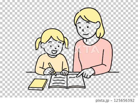 男の子に勉強を教える女性のイラスト（白背景・家庭学習・母親または先生） 125656392