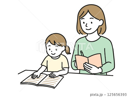 男の子に勉強を教える女性のイラスト（白背景・家庭学習・母親または先生） 125656393