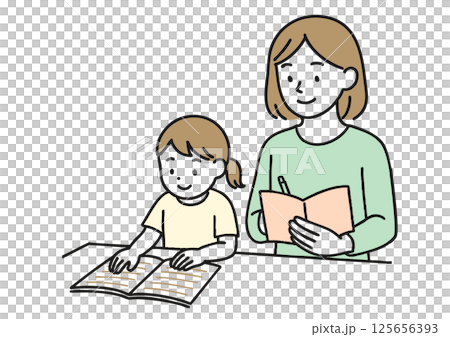 男の子に勉強を教える女性のイラスト（白背景・家庭学習・母親または先生） 125656393
