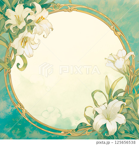 【AI生成画像】アールヌーヴォー風の百合の花と金の丸フレームの背景 125656538