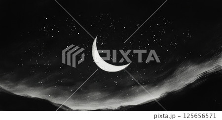 Crescent moon shining brightly in a starry night sky over a serene mountain range, AI Generative 125656571