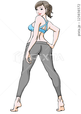 脚を大きく開いて振り返るスポーツウェアの若い女性_微笑 125656572