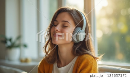 Woman listening to music with headphones, relaxed, sunlit room, joyful and peaceful vibe. 125657372