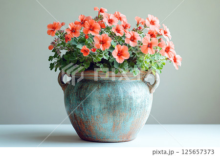 Big Geranium plant with red flowers grows on white background. 125657373