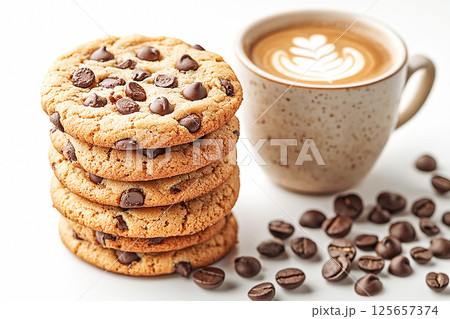 Stack of freshly baked chocolate chip cookies alongside a cup of coffee. A perfect image for promoting cozy moments, snacks, and coffee breaks 125657374