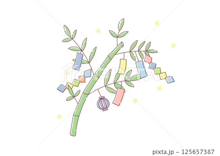 短冊や飾りがついた七夕の笹のベクターイラスト 125657387