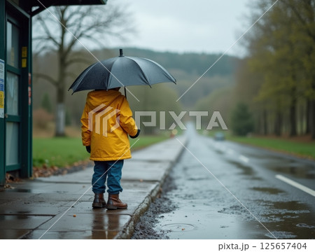 Child in raincoat with umbrella at rural bus stop, puddles, cloudy sky, waiting in wet weather. 125657404