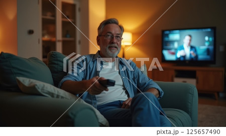 Man on sofa, remote control, watching TV in warm, inviting living room at night. Man on sofa, remote control, watching TV in warm, inviting living room at night. 125657490
