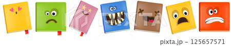 vector funny cartoon smiling books character set isolated on white background. Funky BOOKs collection face with different expressions smiling, sad, angry, funny face. School funky character set 125657571