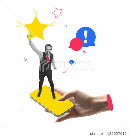 Smiling man in vest stands on yellow phone holding giant star as colorful chat icons float. Giving positive feedback. Smiling man in vest stands on yellow phone holding giant star as colorful chat icons float. Giving positive feedback. 125657615