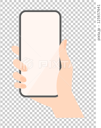 Illustration of a woman holding a smartphone - Image of a person using a smartphone to look at something, take a photo, etc. 125657641