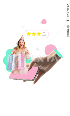 Smiling girl in party hat with gift bags emerges from smartphone next to three-star rating. 125657642