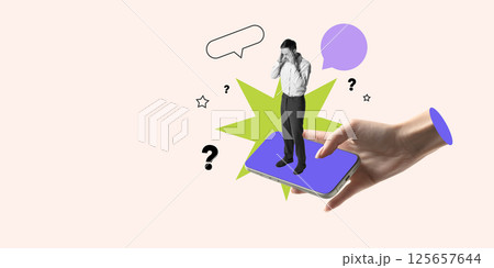 Man standing on phone platform holds head in frustration as abstract icons suggest overload of questions. 125657644