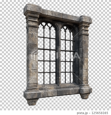 Stone window frame with metal bars, isolated on a transparent background. Rectangular masonry structure with vertical and horizontal iron bars. 125658165