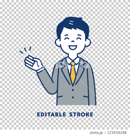 Vector illustration of a young man in a suit giving directions with a smile_Line width can be edited Vector illustration of a young man in a suit giving directions with a smile_Line width can be edited 125658286
