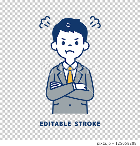 腕を組んで怒る、スーツを着た若い男性のベクターイラスト素材＿線幅の編集可能 125658289
