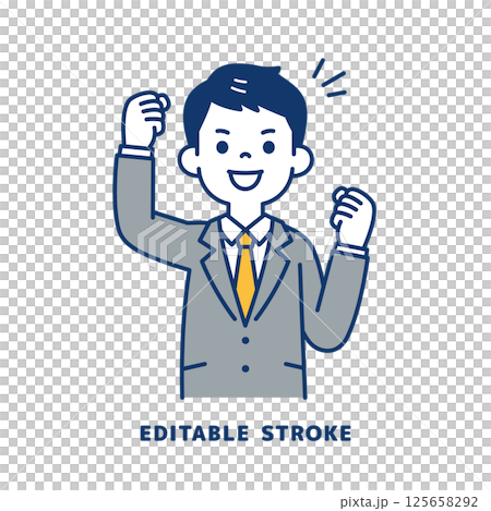 向量圖:一位身著西裝的年輕男子雙手握拳_線條寬度可編輯 向量圖:一位身著西裝的年輕男子雙手握拳_線條寬度可編輯 125658292