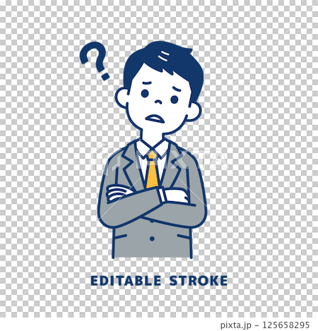 腕を組んで考える、スーツを着た若い男性のベクターイラスト素材＿線幅の編集可能 125658295
