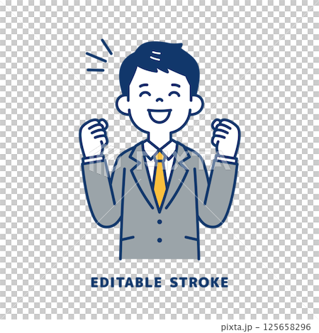 笑顔で応援する、スーツを着た若い男性のベクターイラスト素材＿線幅の編集可能 125658296