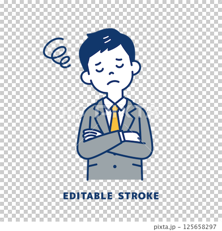 目を閉じて考える、スーツを着た若い男性のベクターイラスト素材＿線幅の編集可能 125658297
