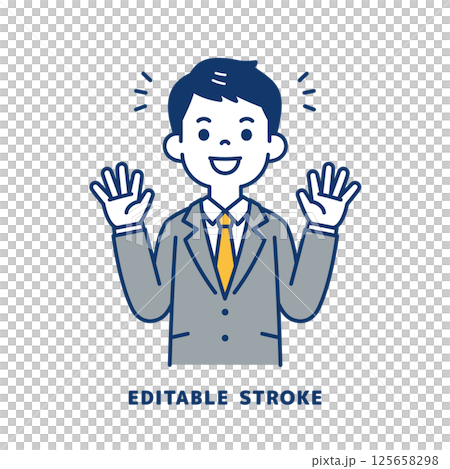 両手を広げて喜ぶ、スーツを着た若い男性のベクターイラスト素材＿線幅の編集可能 125658298
