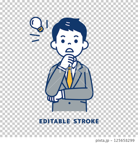 アイデアが閃いた、スーツを着た若い男性のベクターイラスト素材＿線幅の編集可能 125658299