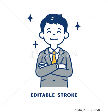 嬉しそうな表情の、スーツを着た若い男性のベクターイラスト素材＿線幅の編集可能 125658300