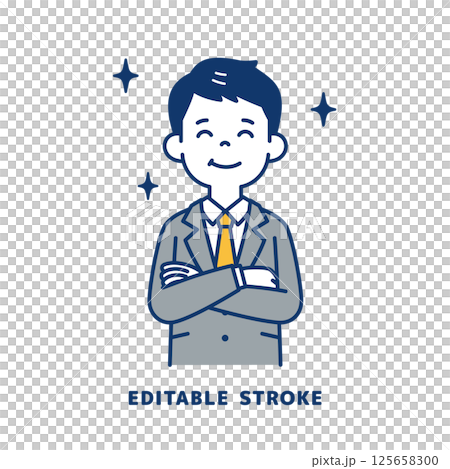 嬉しそうな表情の、スーツを着た若い男性のベクターイラスト素材＿線幅の編集可能 125658300