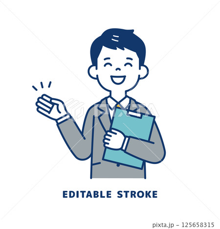 資料を持って説明する、スーツを着た若い男性のベクターイラスト素材＿線幅の編集可能 125658315