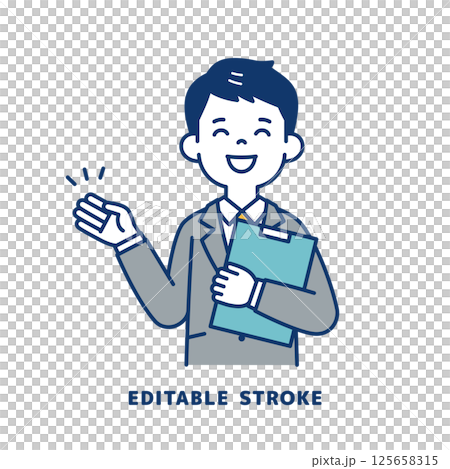 資料を持って説明する、スーツを着た若い男性のベクターイラスト素材＿線幅の編集可能 125658315