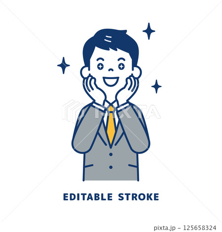 目を輝かせて喜ぶ、スーツを着た若い男性のベクターイラスト素材_線幅の編集可能 目を輝かせて喜ぶ、スーツを着た若い男性のベクターイラスト素材_線幅の編集可能 125658324