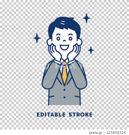 目を輝かせて喜ぶ、スーツを着た若い男性のベクターイラスト素材_線幅の編集可能 目を輝かせて喜ぶ、スーツを着た若い男性のベクターイラスト素材_線幅の編集可能 125658324