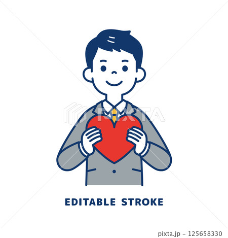 胸にハートを抱える、スーツを着た若い男性のベクターイラスト素材_線幅の編集可能 胸にハートを抱える、スーツを着た若い男性のベクターイラスト素材_線幅の編集可能 125658330