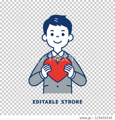 胸にハートを抱える、スーツを着た若い男性のベクターイラスト素材_線幅の編集可能 胸にハートを抱える、スーツを着た若い男性のベクターイラスト素材_線幅の編集可能 125658330