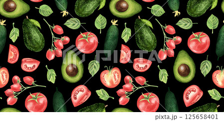 Seamless pattern. Hand drawn watercolor vegetables . cucumber, basil, tomato, organic, avocado, leaves. Illustration on black background. For restaurant, kitchen, textile, fabric. 125658401
