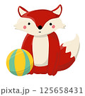 A charming digital illustration of a playful red fox in a forest clearing engaging with a colorful ball. 125658431