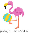 Flamingo playing with beach ball tropical island illustration vibrant colors playful scene 125658432
