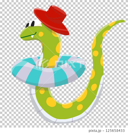 A cheerful cartoon snake enjoys a summer day floating in a pool with a lifebuoy. 125658433