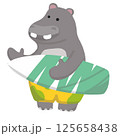 Surfing hippo character beach scene digital art whimsical fun cartoon style 125658438