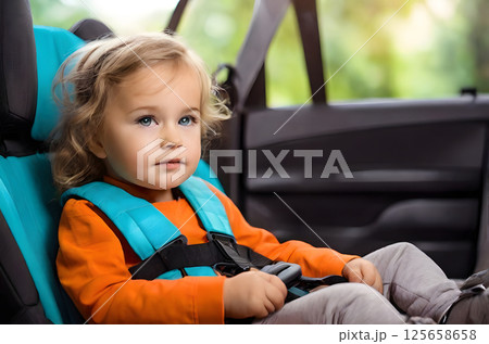The child is sitting in the car, securely fastened with seat belts in the car seat. 125658658