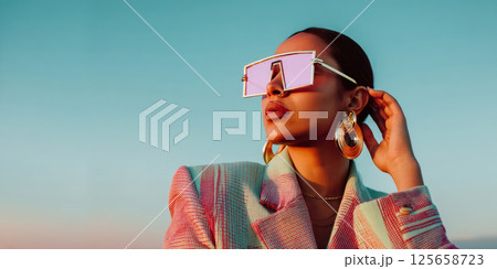 Y2K confident woman in oversized futuristic sunglasses posing at sunset with elegance 125658723