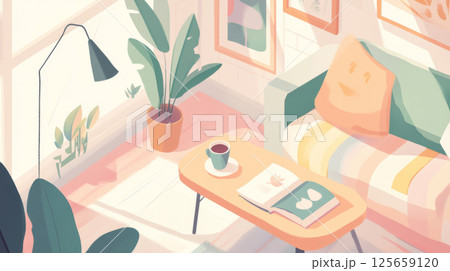 Cozy minimalist living room with natural light and plants, suitable as a background 125659120