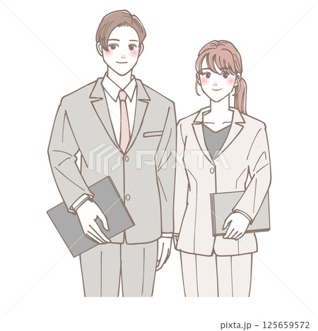 ノートパソコンを持って立っている若い会社員の男女 125659572