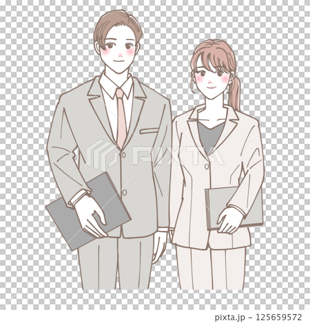 ノートパソコンを持って立っている若い会社員の男女 125659572