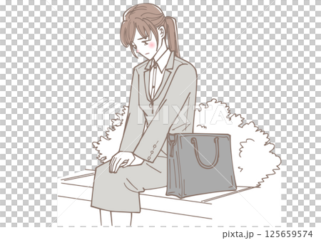 坐在公園裡的沮喪的年輕女性辦公室職員 125659574