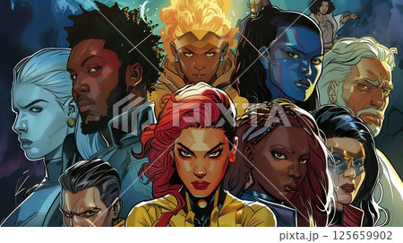 A vibrant comic book cover featuring diverse heroes uniting to protect their city from looming threats. A vibrant comic book cover featuring diverse heroes uniting to protect their city from looming threats. 125659902