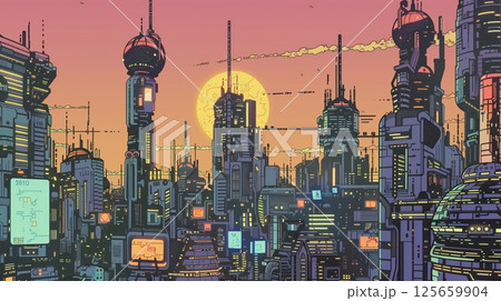 Comic book-style illustration of a futuristic city with skyscrapers, flying vehicles, and neon-lit streets. Comic book-style illustration of a futuristic city with skyscrapers, flying vehicles, and neon-lit streets. 125659904