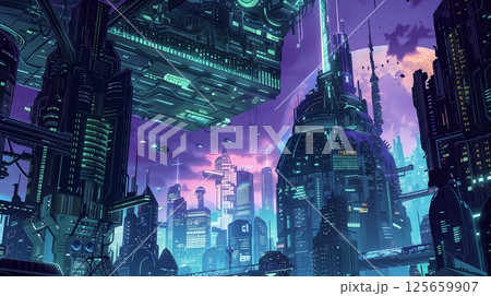 Comic book-style cityscape with towering skyscrapers, flying vehicles, and neon lights for an electrifying vibe. 125659907