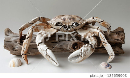 A crab sculpture made from driftwood and seashells showcases intricate artistry in a stunning marine-themed piece. A crab sculpture made from driftwood and seashells showcases intricate artistry in a stunning marine-themed piece. 125659908