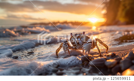 A crab scuttles along the shoreline at sunset, casting a warm glow over the sand and surf. 125659911